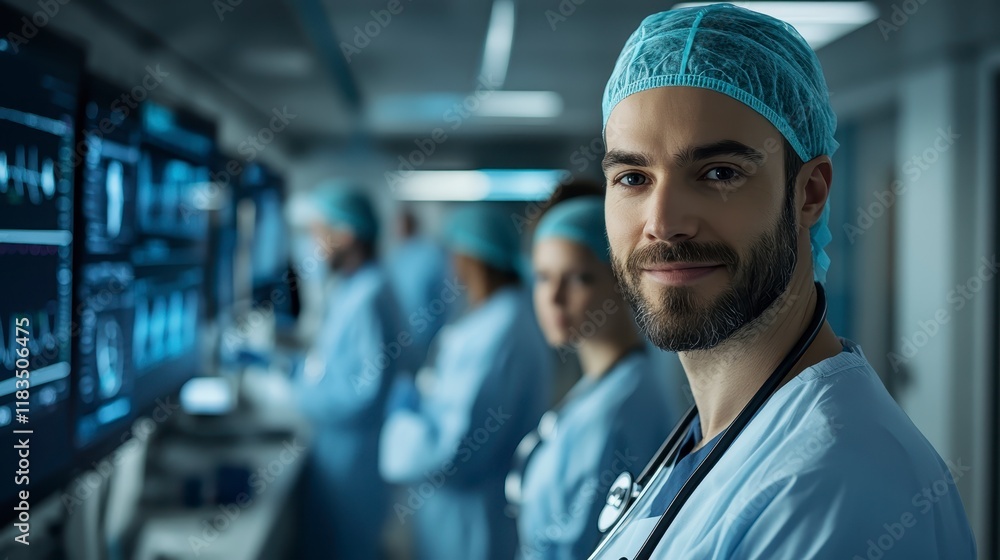 Fototapeta premium Confident Male Doctor or Surgeon in Scrubs with Team Blurred in Background