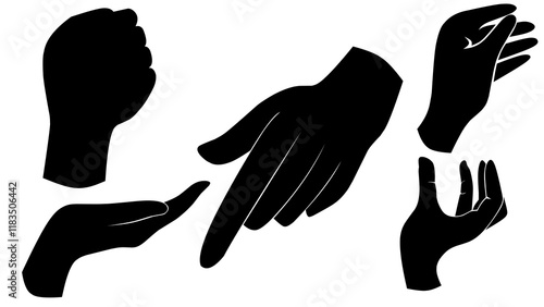 set of hand silhouettes isolated on white, Human hand gestures, collection of black hands, flat, silhouette hands pose collection, Vector illustration.