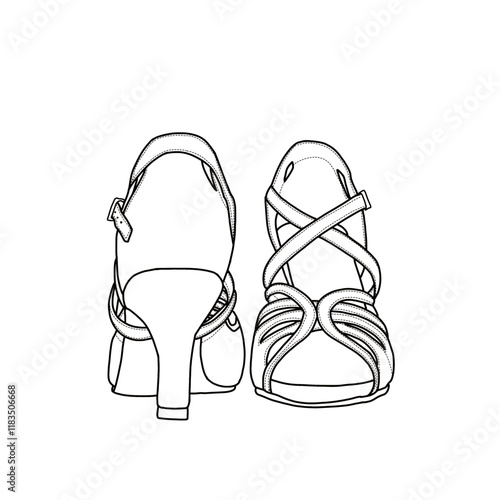 Women's ballroom dance shoes, adjustable ankle strap with buckle, tango shoes. Technical sketch drawing of heels for woman line art, front, and back view, flat sketch vector. 
