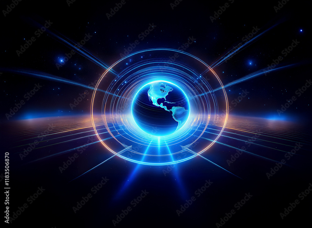 Obraz premium A glowing blue planet Earth is encircled by vibrant rings of light and energy streams, suggesting global connection and technological advancement. The dark background enhances the futuristic feel.
