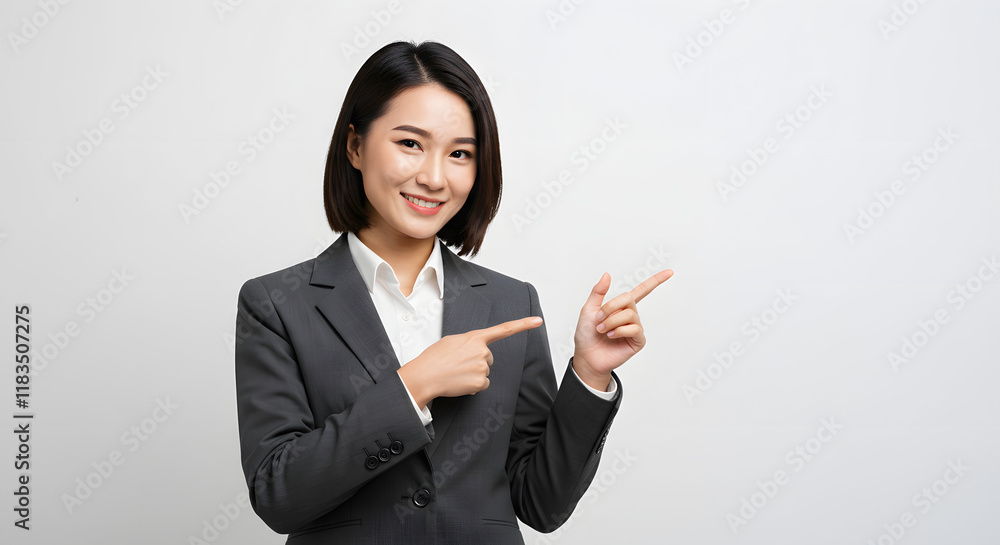 The portrait features a self-assured and cheerful woman in a business setting, directing attention to the right where a logo, banner, or announcement is displayed. The background is white, enhancing t The portrait features a self-assured and cheerful woman in a business setting, directing attention to the right where a logo, banner, or announcement is displayed. The background is white, enhancing t