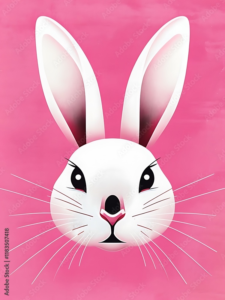 Fototapeta premium Minimalist White Rabbit Face on Bright Pink Background