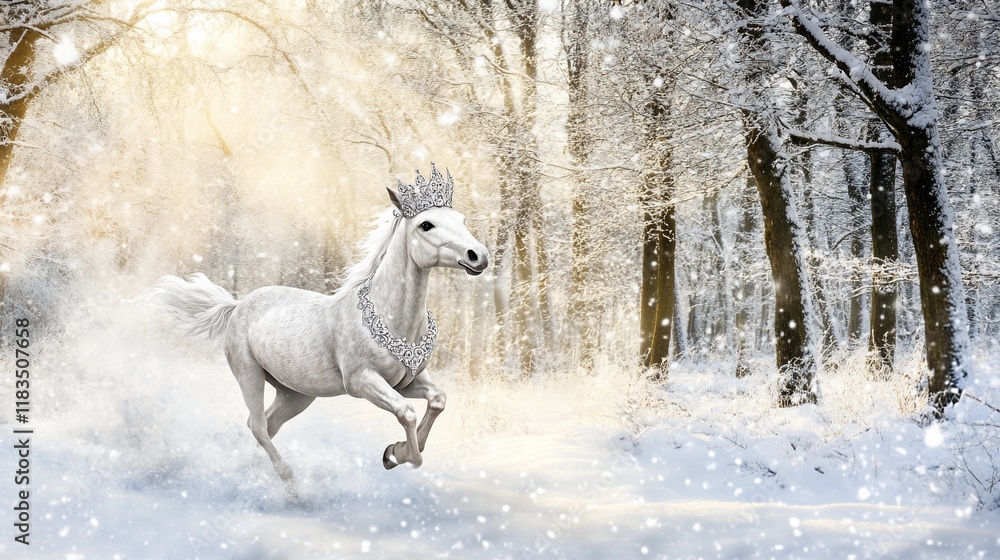 Fototapeta premium Majestic White Horse in a Winter Wonderland