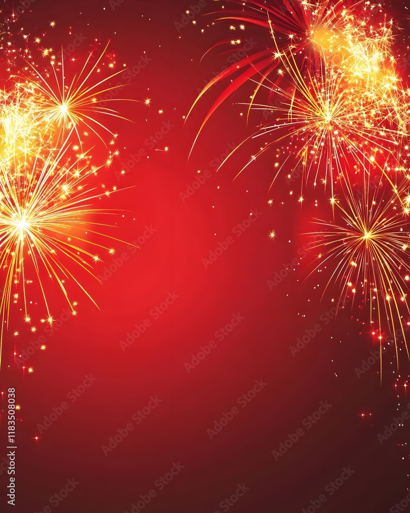 Naklejka premium A vibrant display of fireworks against a red background, celebrating joy and festivity.