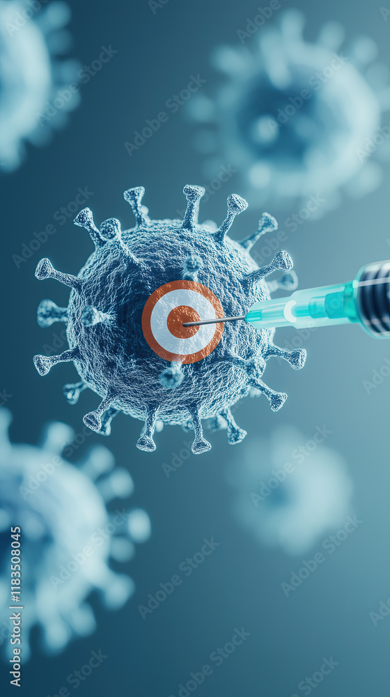 Virus with dart pattern targeted by syringe, symbolizing vaccination efforts Virus with dart pattern targeted by syringe, symbolizing vaccination efforts