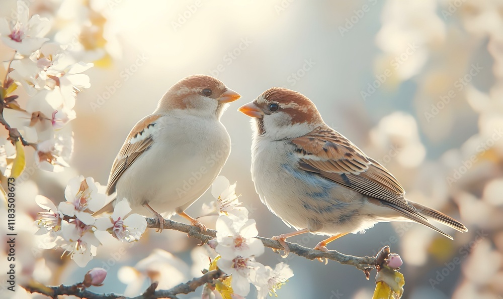 Two birds resting on a flowering branch, vibrant blossoms surrounding them, symbolizing harmony and the beauty of nature's connection. Two birds resting on a flowering branch, vibrant blossoms surrounding them, symbolizing harmony and the beauty of nature's connection.