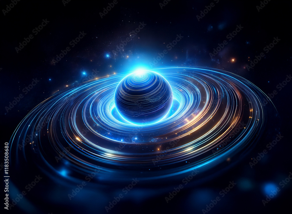 Fototapeta premium A glowing blue orb rests at the center of swirling, luminous rings against a dark backdrop. The vibrant energy creates a captivating cosmic scene.