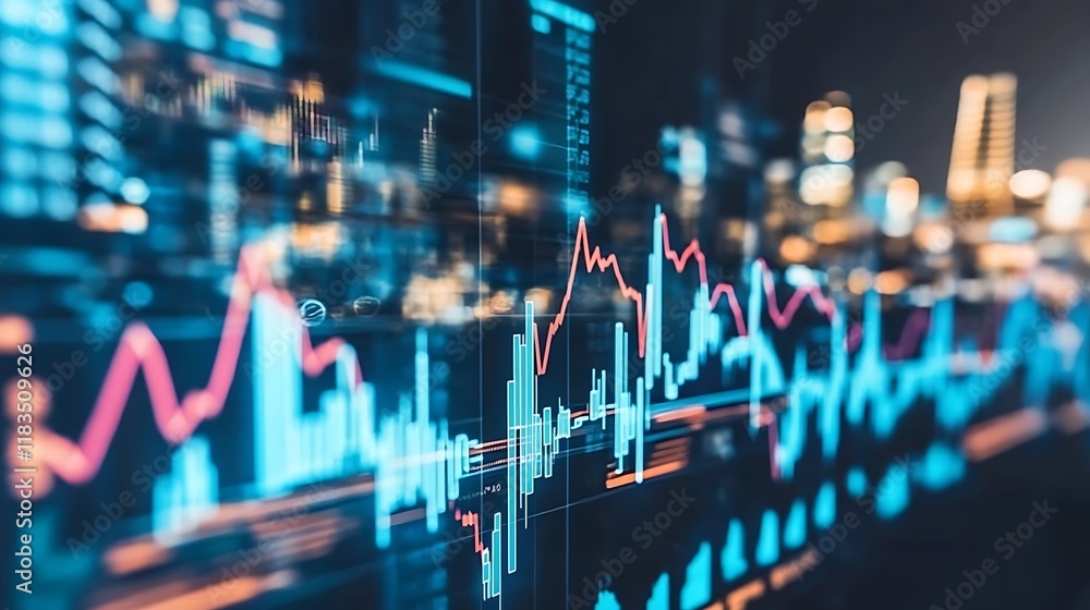 Obraz premium Financial data displayed on a screen at night.