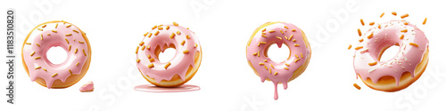 Pink donut with glossy icing and sauce drips, isolated on a white background. Collection Png. photo