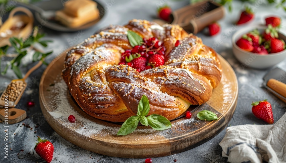 A sweet braided bread ring with a center filled with fresh strawberries and basil leaves, dusted with powdered sugar. A sweet braided bread ring with a center filled with fresh strawberries and basil leaves, dusted with powdered sugar.