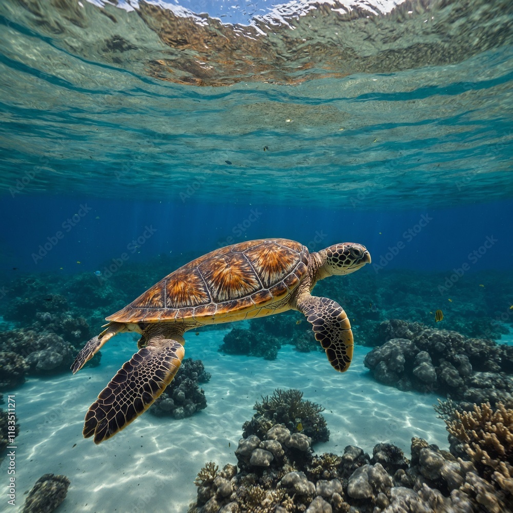 Fototapeta premium A sea turtle swimming gracefully in the clear waters around a tropical island, with coral reefs and fish in the background.