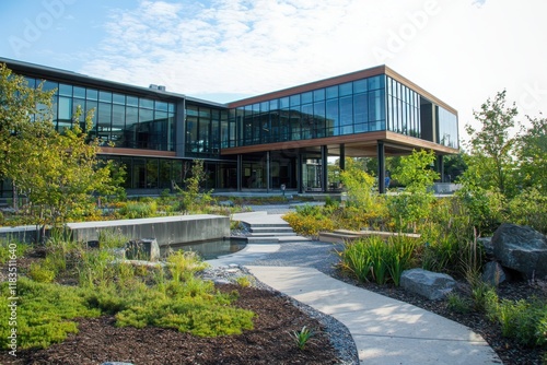 Innovative public health initiatives at a modern architectural complex urban setting building photography green environment wide-angled view community wellness focus photo