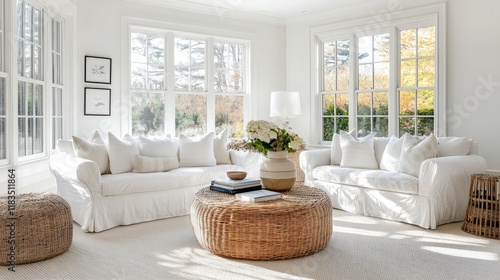 Sunlit living room, coastal home, autumn view.