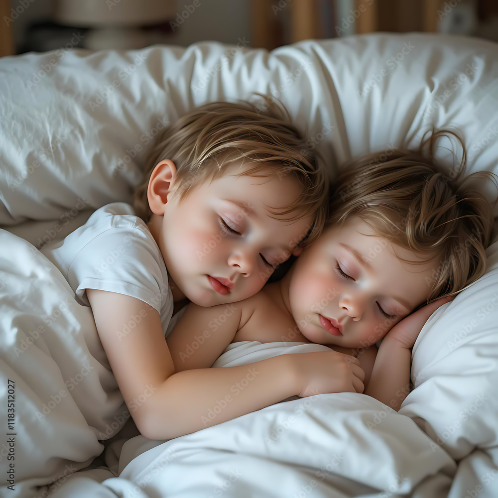 A heartwarming image of two young children, a girl and a boy, sleeping close together in a bed A heartwarming image of two young children, a girl and a boy, sleeping close together in a bed