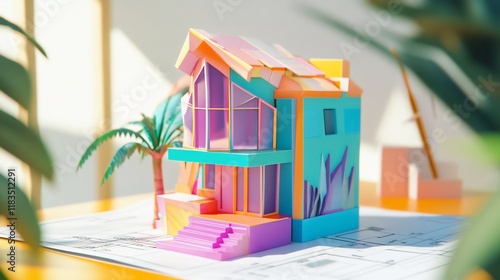 Vibrant Dream House: Architectural Model on Blueprint photo