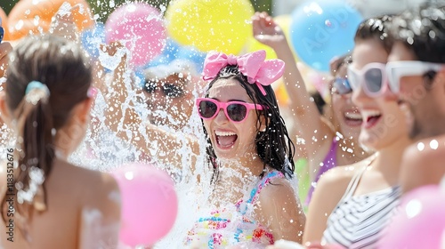 Songkran Celebration, a vibrant scene of joyful individuals splashing water during Thailand's traditional New Year festival, capturing the essence of cultural festivities. photo