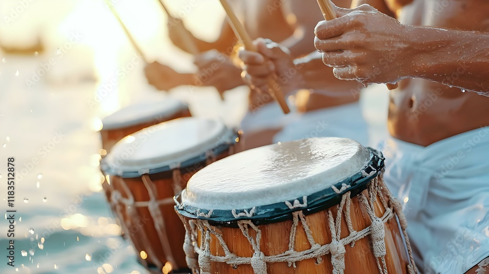 Fototapeta premium Traditional Thai Musicians, a vibrant ensemble performing cultural melodies, dressed in colorful attire, surrounded by intricate decorations and instruments.