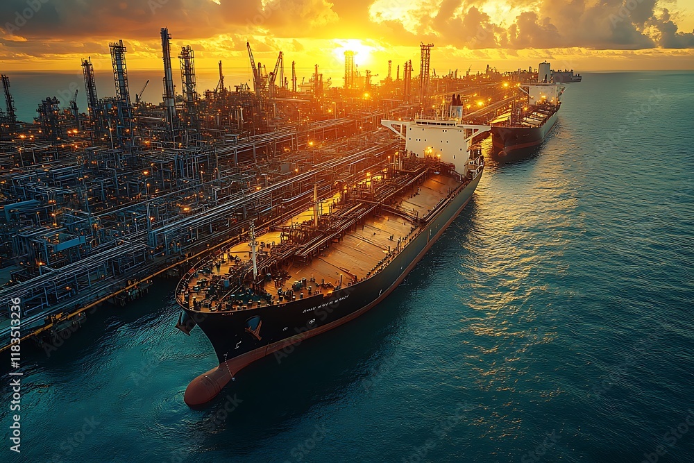 Oil tankers docked at a refinery during a vibrant sunset, signifying global energy and trade. Oil tankers docked at a refinery during a vibrant sunset, signifying global energy and trade.