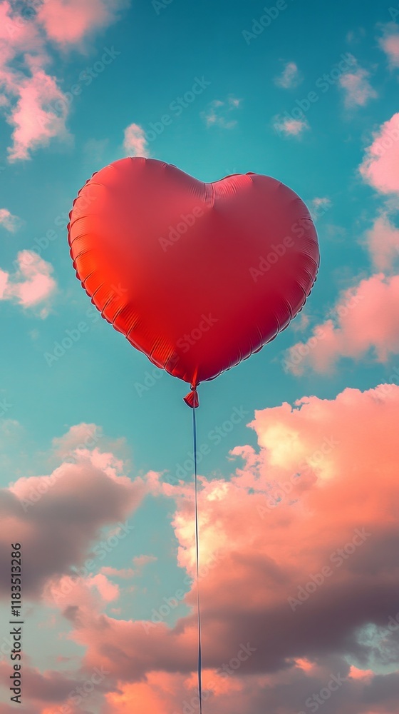 Obraz premium A vibrant heart-shaped balloon drifts effortlessly in the evening sky, surrounded by soft clouds. The colors blend beautifully as the sun sets, creating a serene atmosphere
