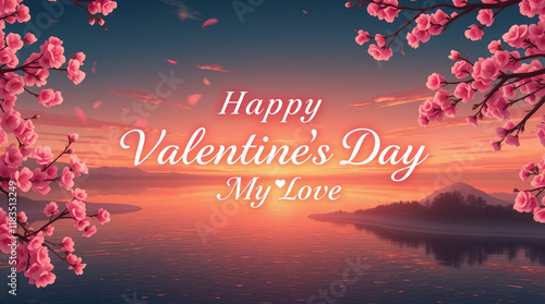 happy valentine's day greetings with Cherry Blossom Sunset Background photo