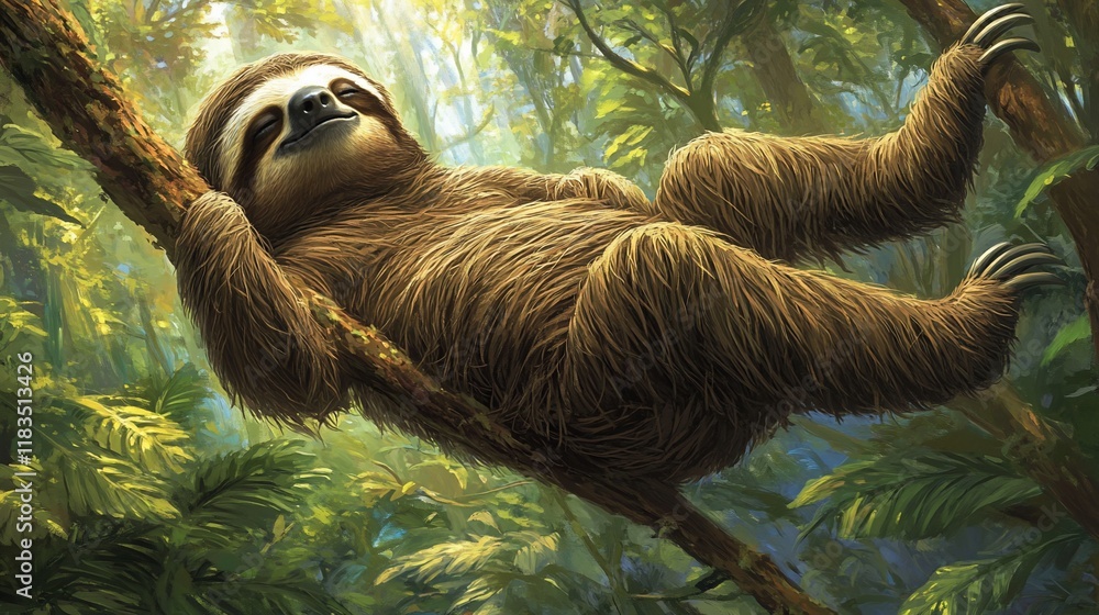 Fototapeta premium Serene Sloth in Lush Rainforest Canopy