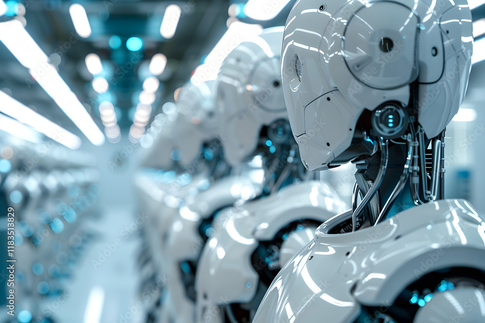 A row of humanoid robots in a futuristic industrial setting. A row of humanoid robots in a futuristic industrial setting.