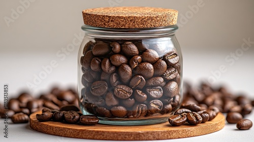 Wallpaper Mural Glass jar filled with roasted coffee beans on wooden coaster. Torontodigital.ca