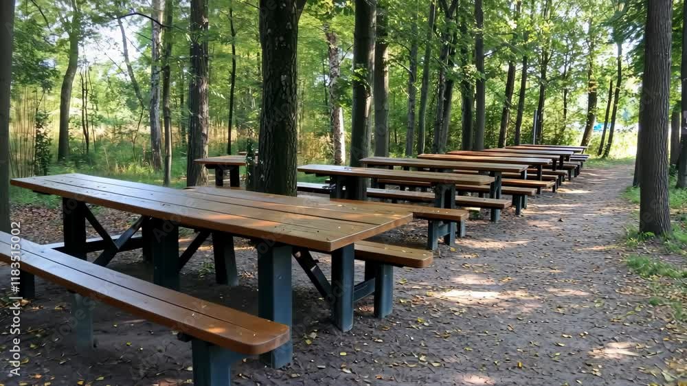 Outdoor picnic tables arranged along a pathway in a serene wooded area during daylight hours Outdoor picnic tables arranged along a pathway in a serene wooded area during daylight hours