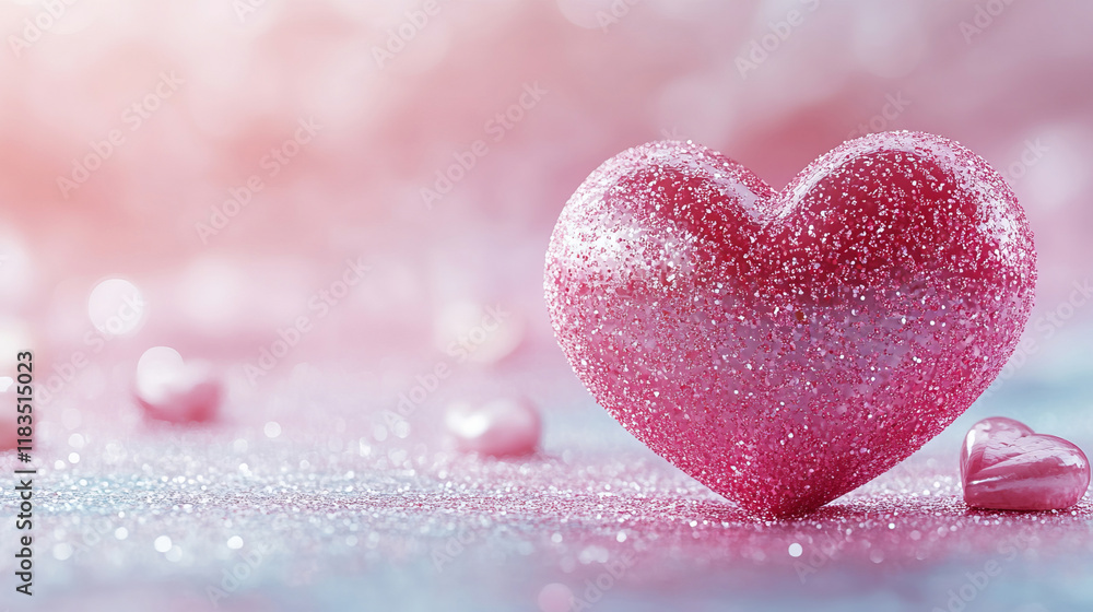 Fototapeta premium A glittery pink 3D heart sits against a pastel background, offering a soft and romantic visual. Ideal as a Valentine's Day design element with space for personalized text.