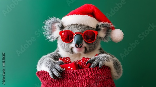 Cool koala in Santa hat with gifts. photo