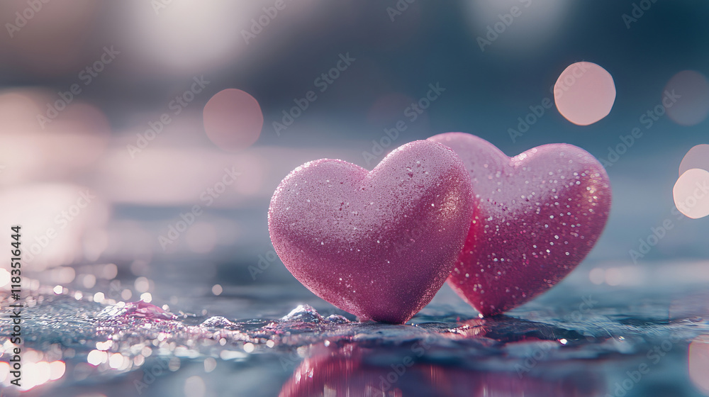 Obraz premium Two pink hearts sparkle against a shimmering background filled with glitter and bokeh effects, creating a charming and romantic atmosphere for Valentine's Day or festive celebrations.