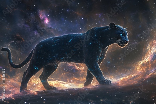 Celestial Panther: A cosmic jaguar striding through a nebula, stars and cosmic dust illuminating its majestic form. photo