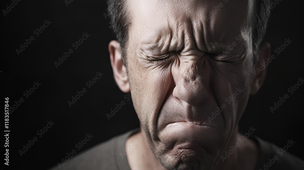 Fototapeta premium An adult man with his eyes closed, frowning deeply, expressing the physical toll of stress and pain