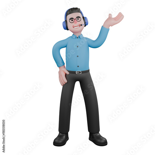 A male radio announcer stands with one hand on his waist, and the other hand is open while facing up