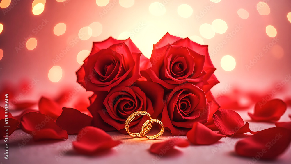 Beautiful Valentine's Day Scene with Roses and Gold Rings Beautiful Valentine's Day Scene with Roses and Gold Rings