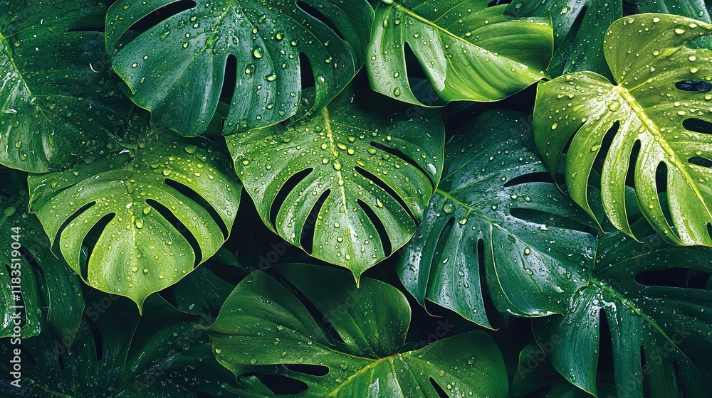 Fototapeta premium Close-up of lush monstera leaf with water droplets, bright and fresh 
