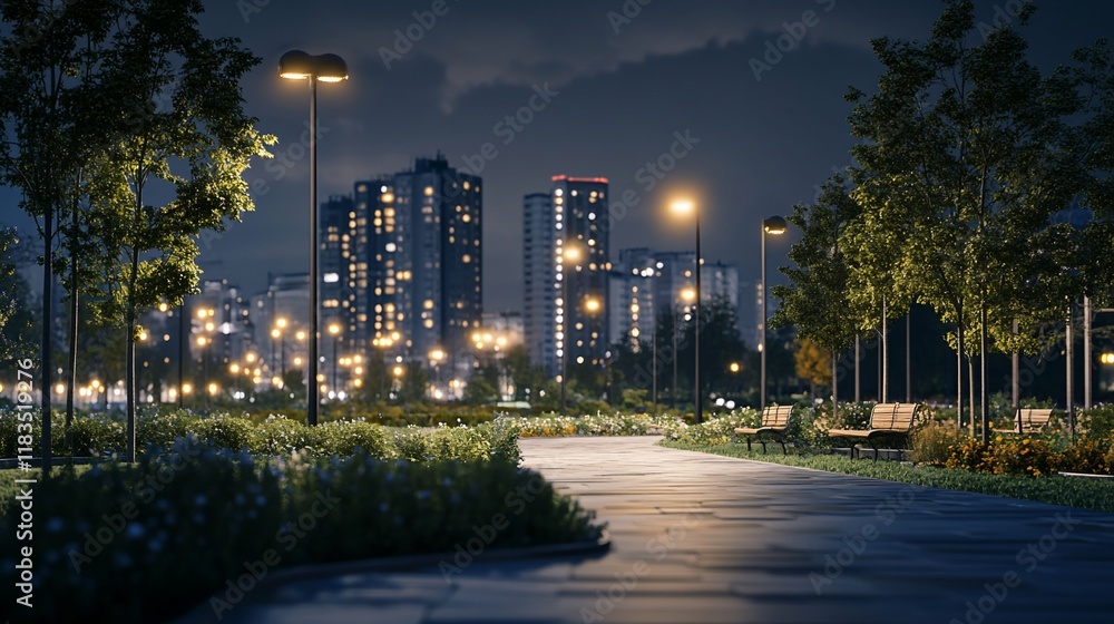 Fototapeta premium Night cityscape park path, illuminated walkway, urban landscape.