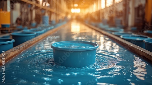 Vibrant Water Reflection in Industrial Setting with Circular Blue Basin Surrounded by Rows of Containers and Soft Warm Lighting at Sunset photo