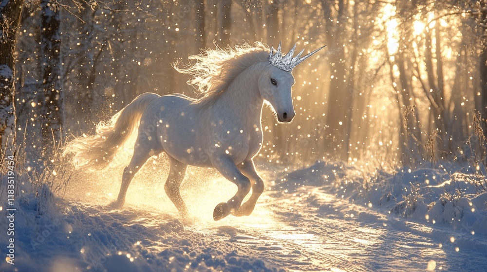 Fototapeta premium Majestic Unicorn in Winter Wonderland: A Magical Scene
