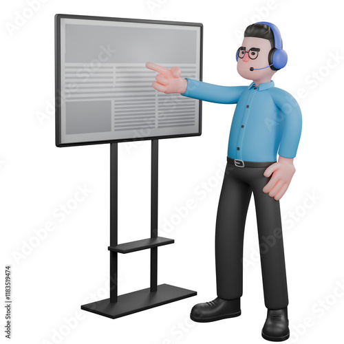 A male radio announcer stands with his right hand pointing towards the board in front of him