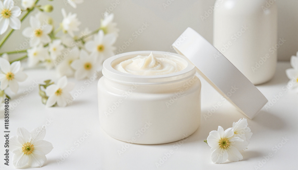 Soothing sensitive skin cream in minimalist jar with spring flowers, skincare Soothing sensitive skin cream in minimalist jar with spring flowers, skincare