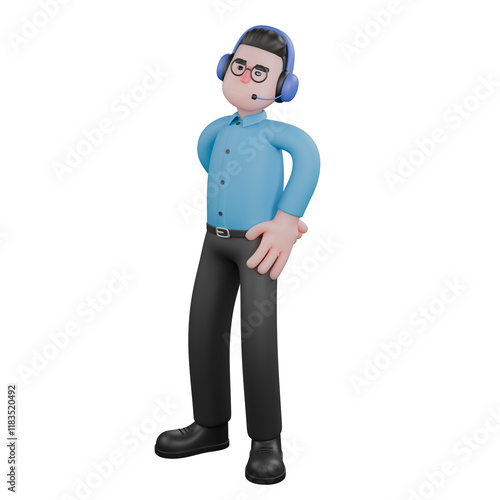 A male radio announcer stands with one hand behind his waist, and the other hand on his waist