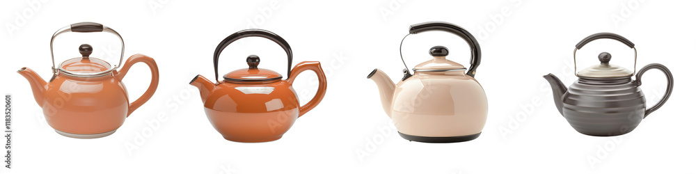 Assortment of Elegant Teapots and Kettles in Copper Stainless Steel and Ceramic Finishes for a Modern and Functional Kitchen Setting Various Shapes Assortment of Elegant Teapots and Kettles in Copper Stainless Steel and Ceramic Finishes for a Modern and Functional Kitchen Setting Various Shapes