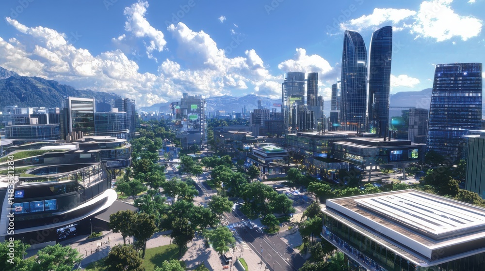 Naklejka premium Smart city development focusing on public safety and urban infrastructure modern skyline aerial view urban environment