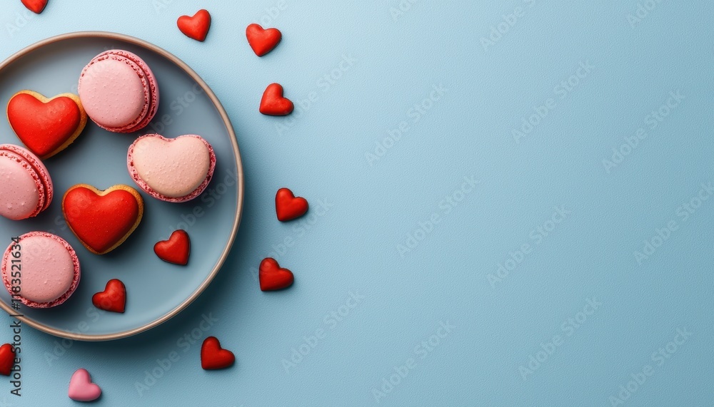 A plate of colorful macarons surrounded by small heart shapes, set against a light blue background, creating a sweet and romantic atmosphere. A plate of colorful macarons surrounded by small heart shapes, set against a light blue background, creating a sweet and romantic atmosphere.