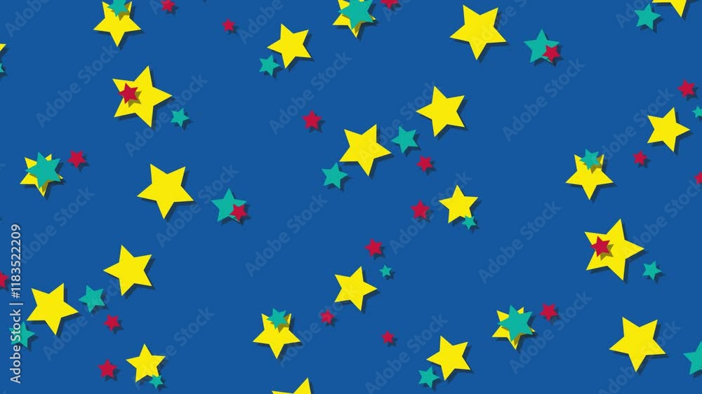 A playful abstract pattern featuring yellow, teal, and red stars scattered on a vivid blue background, creating a cheerful and dynamic celestial-inspired design A playful abstract pattern featuring yellow, teal, and red stars scattered on a vivid blue background, creating a cheerful and dynamic celestial-inspired design