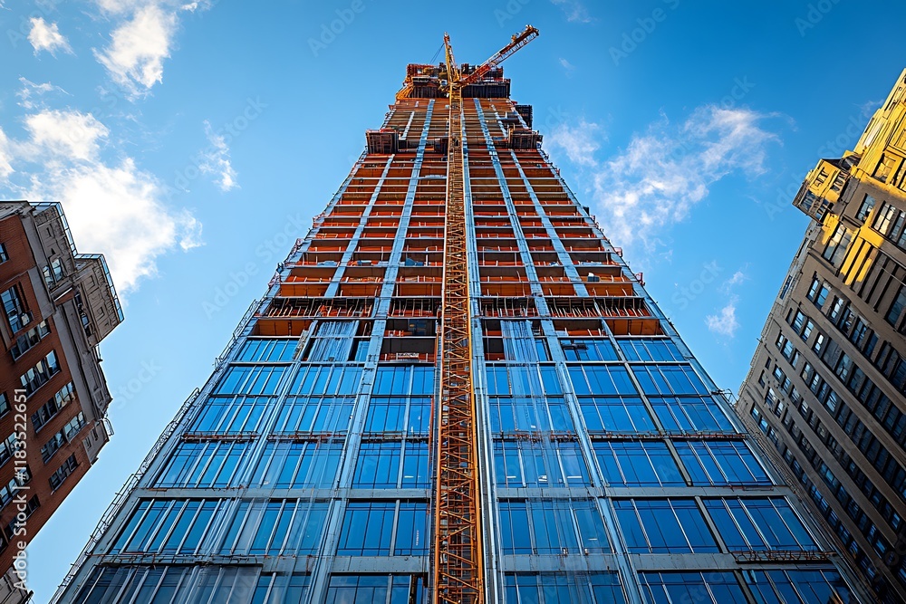 Fototapeta premium A modern glass skyscraper under construction against a blue sky.