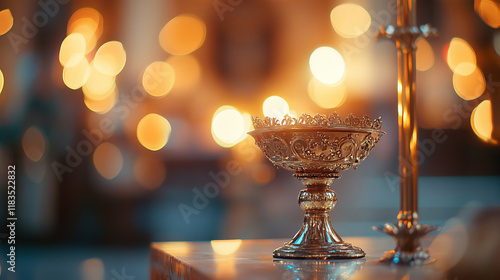 The Holy Eucharist rests atop a golden altar with soft lighting and a bokeh effect, surrounded by a serene church interior. A scene of devotion and spiritual serenity.