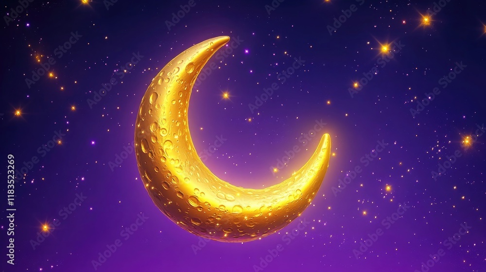 Golden crescent moon shines brightly against deep purple night s Golden crescent moon shines brightly against deep purple night s