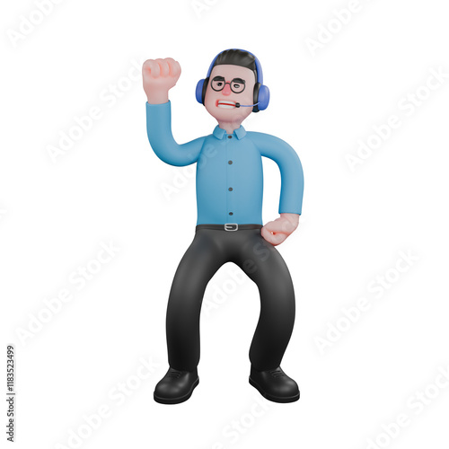 A male radio announcer stands with one hand on his waist
